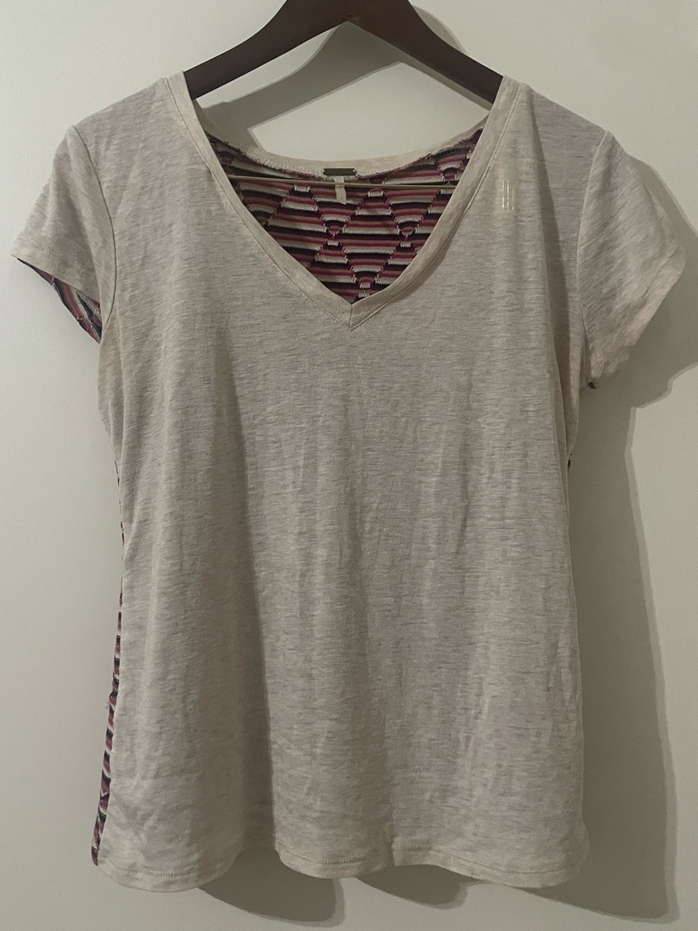 Poof Girl Mixed Media Chevron Knit Back V-Neck Tee Top Cream / Pink Large